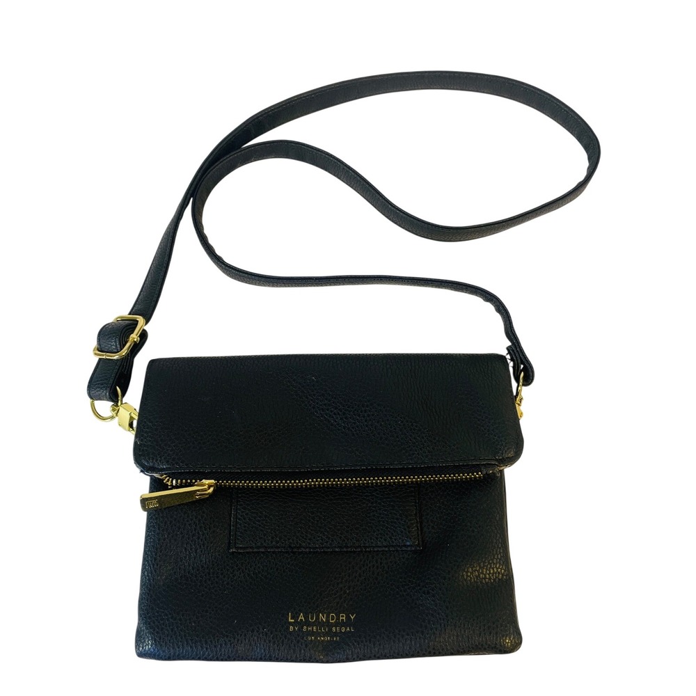 Laundry Shelli Segal Crossbody Purse Bag Black Pebbled Fold Over Gold Hardware